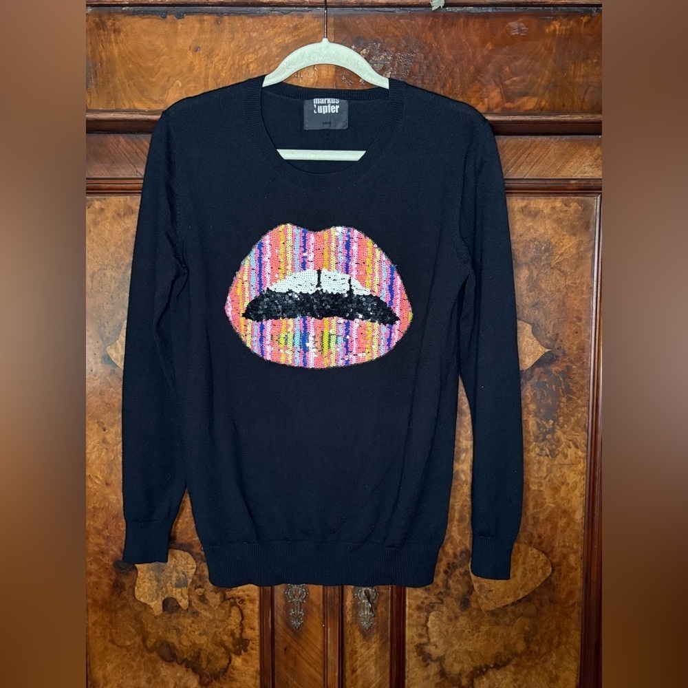 EUC Markus Lupfer- Iconic Sequin Lip Sweater in Black. Size S